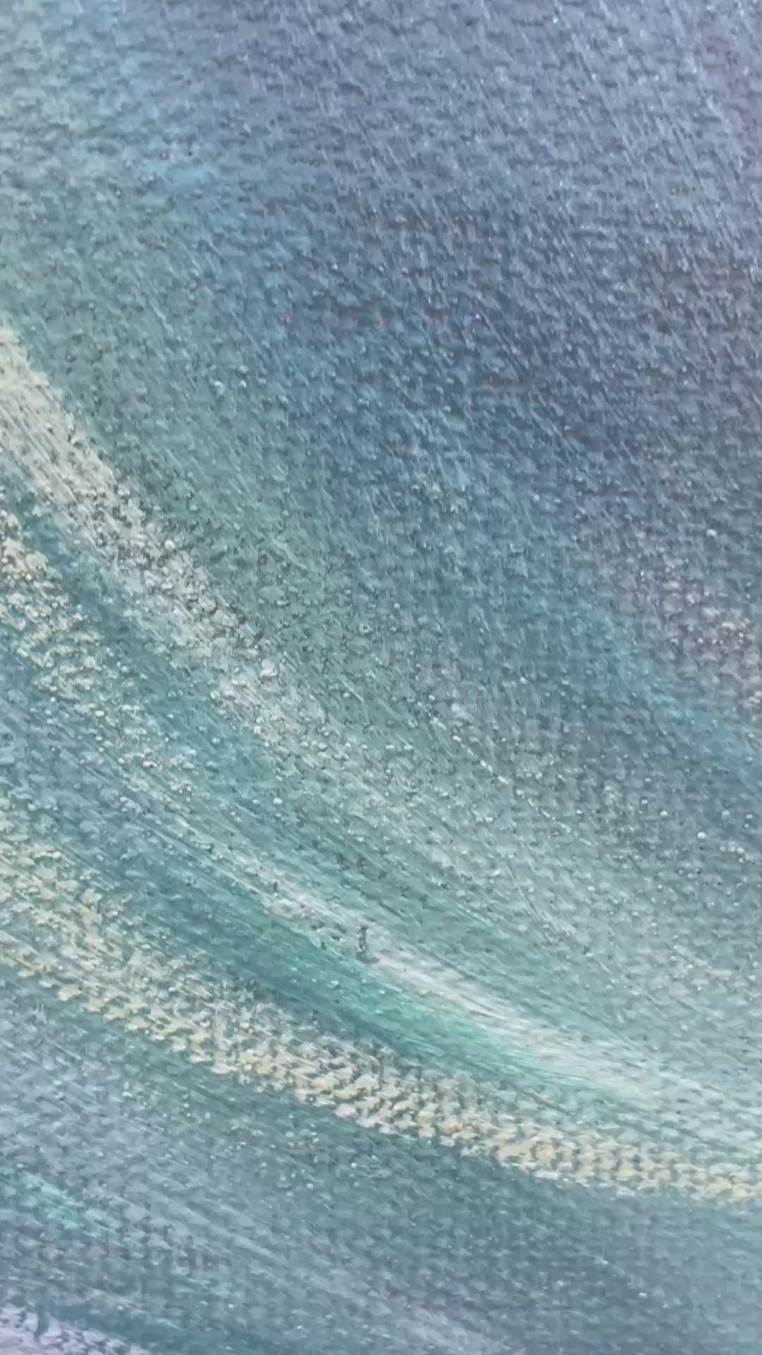 Ocean's Embrace hand-painted teal, ocean blue, orange and pink textured sunset seascape painting shown with silver frame