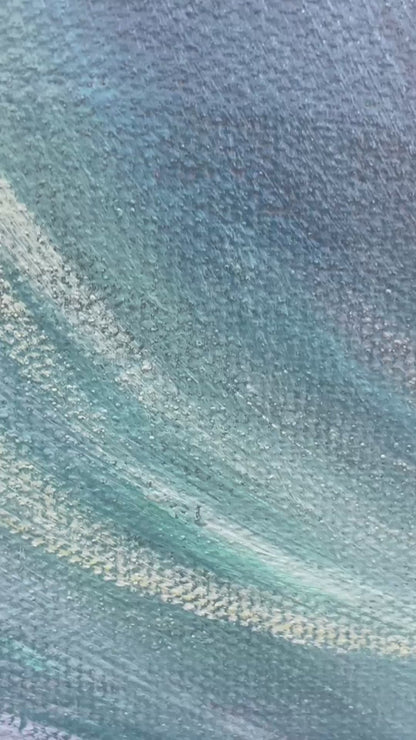 Ocean's Embrace hand-painted teal, ocean blue, orange and pink textured sunset seascape painting shown with silver frame