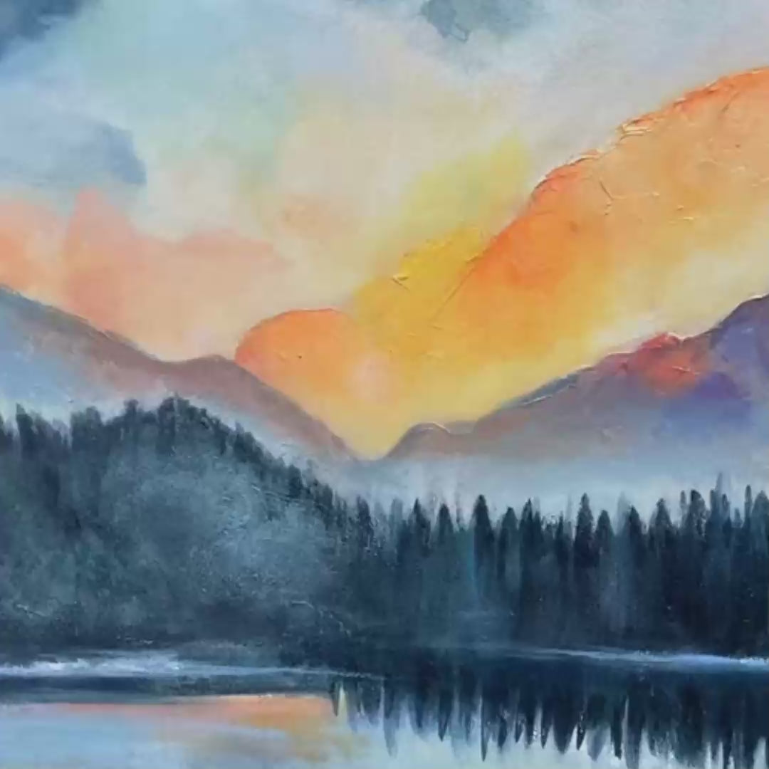 Sunset Serenity hand-painted gold, burnt orange and slate blue textured mountain lake painting shown with gold frame