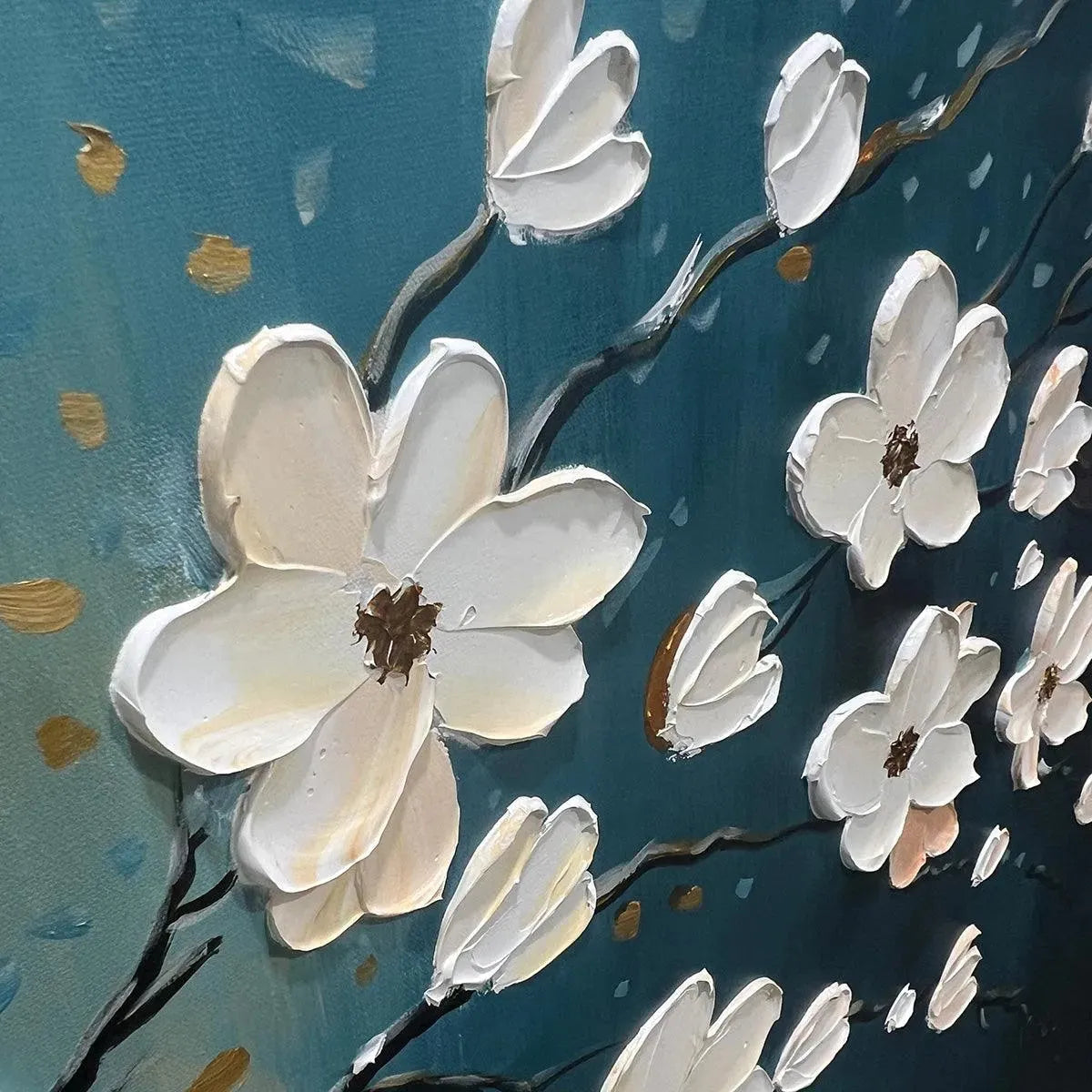 Hand-Painted Floral Oil Painting – Blue & Gold
