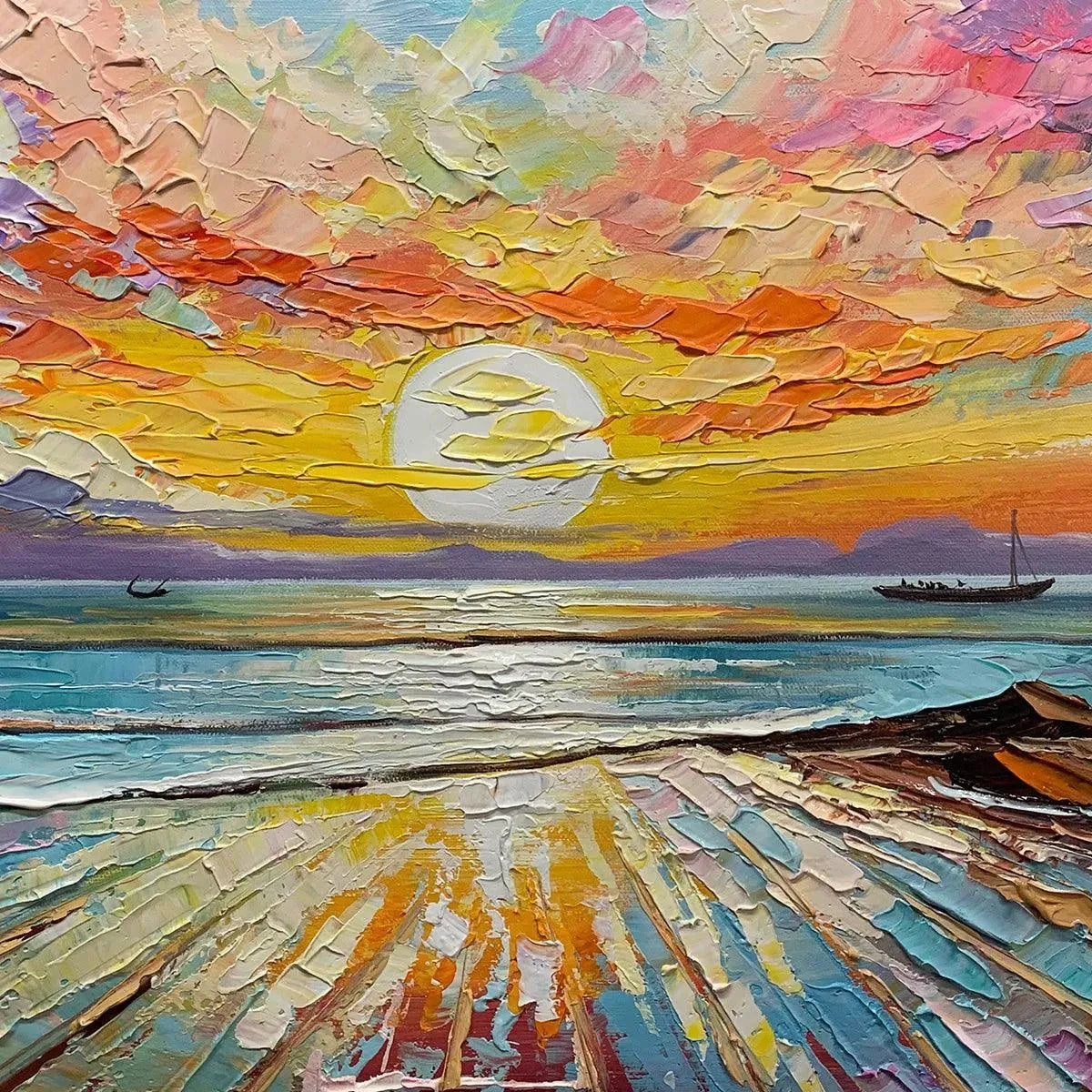 Radiant Horizon hand-painted ocean blue, ivory and soft neutral tones textured sunset seascape painting shown as stretched canvas