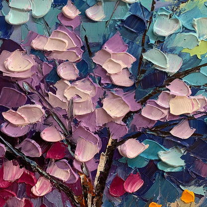 Autumn Rainbow hand-painted crimson, golden yellow, turquoise and violet textured tree painting shown with gold frame