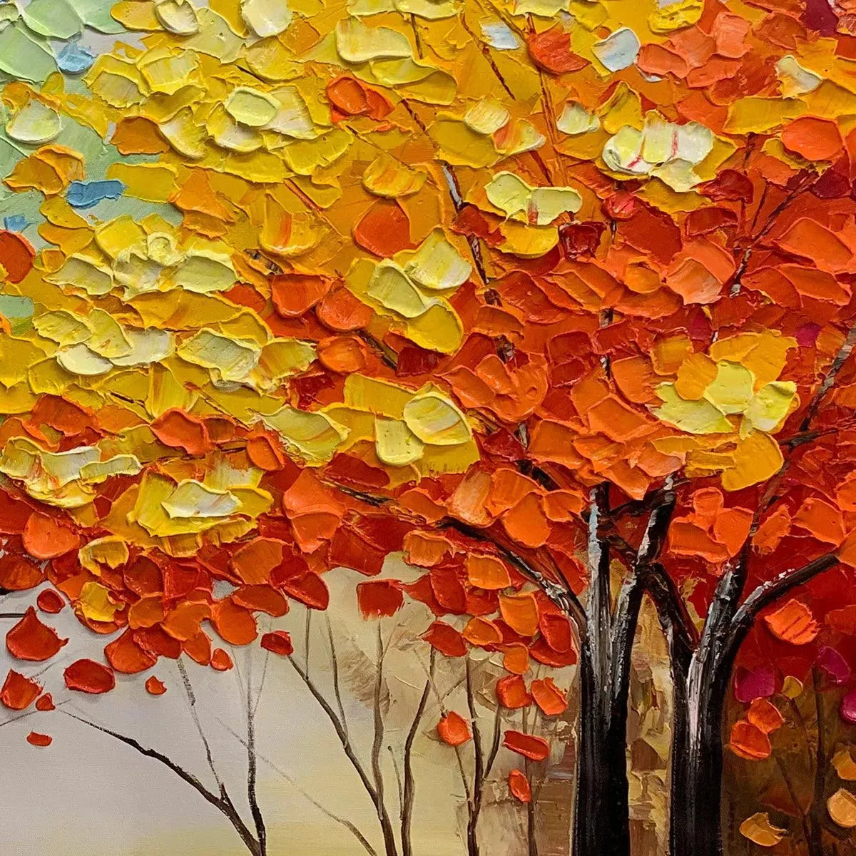 Autumn Rainbow hand-painted crimson, golden yellow, turquoise and violet textured tree painting shown with black frame