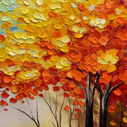 Autumn Rainbow hand-painted crimson, golden yellow, turquoise and violet textured tree painting shown with black frame