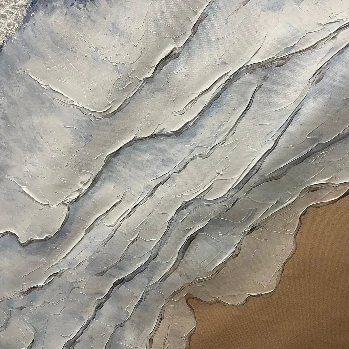 Ocean’s Embrace hand-painted white, beige and ocean blue textured seascape painting shown with wood frame