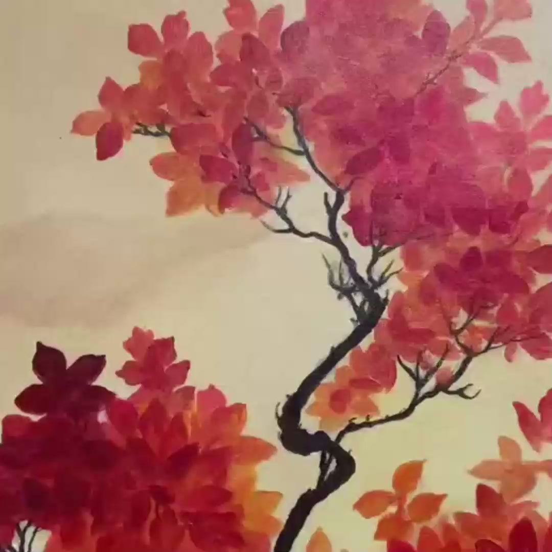 Zen Mountain Sunset hand-painted red and ivory textured mountain landscape painting shown with gold frame