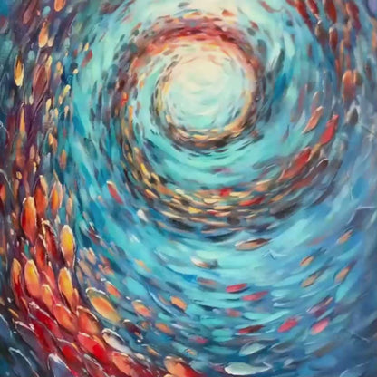 Oceanic Vortex hand-painted ocean blue, ivory and soft neutral tones textured school of fish painting shown with silver frame