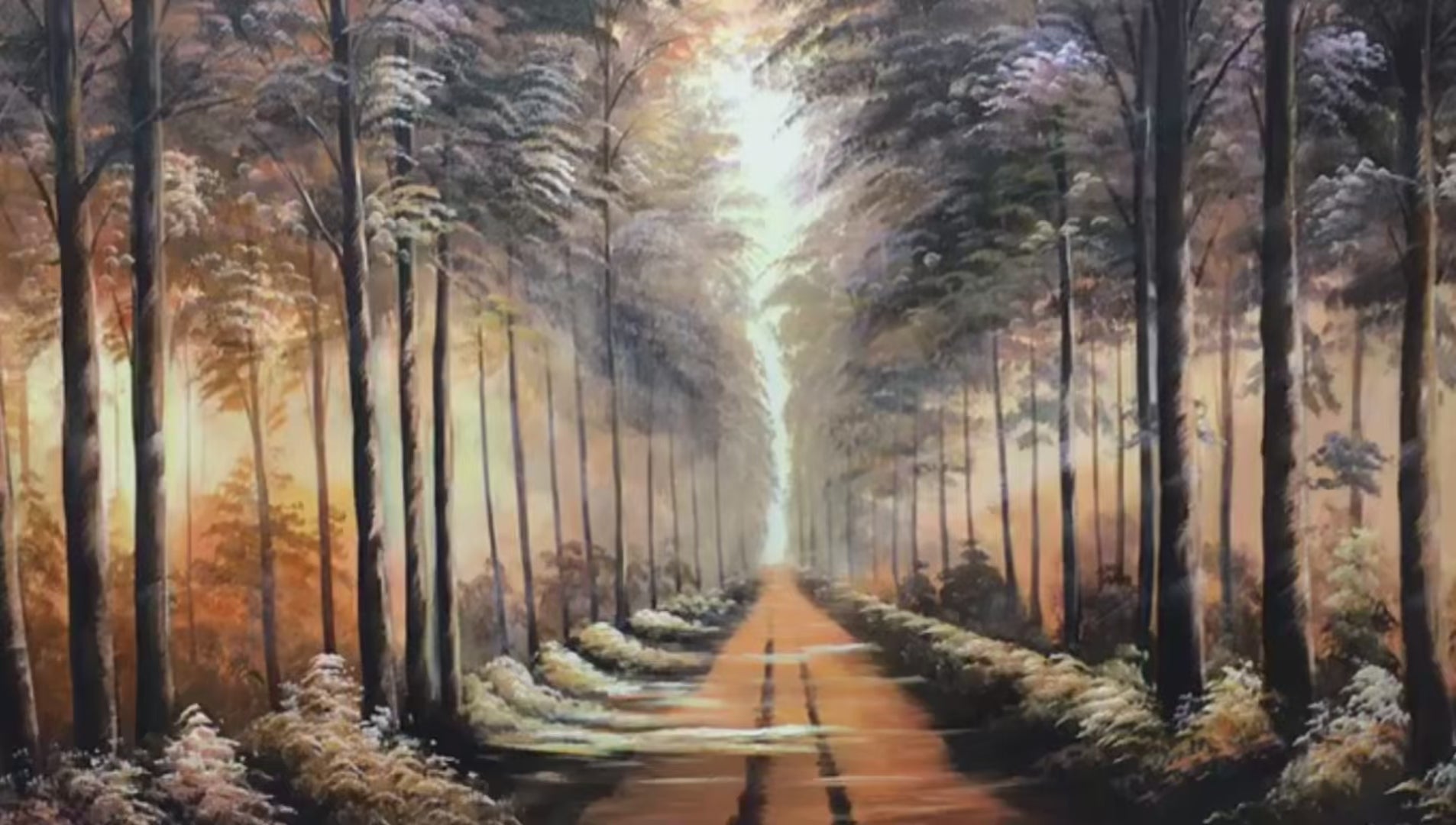 Forest Path hand-painted forest green, soft grey and warm earth tones textured forest path painting shown with silver frame
