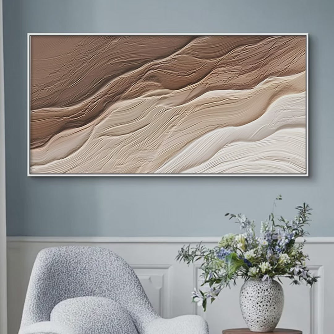 Desert Flow hand-painted beige and earth brown textured coastal landscape painting shown with silver frame