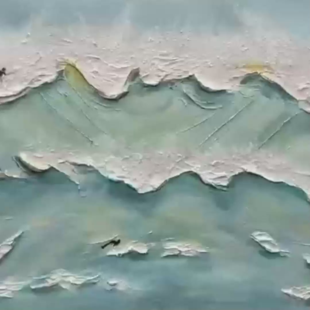 Ocean's Heartbeat hand-painted ocean blue, ivory and soft neutral tones textured surfer ocean painting shown with gold frame