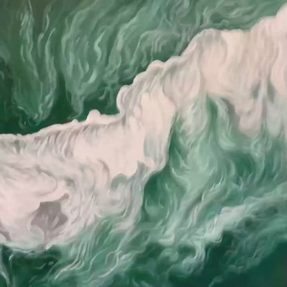 Emerald Flow hand-painted white and emerald green textured coastal abstract painting shown with gold frame