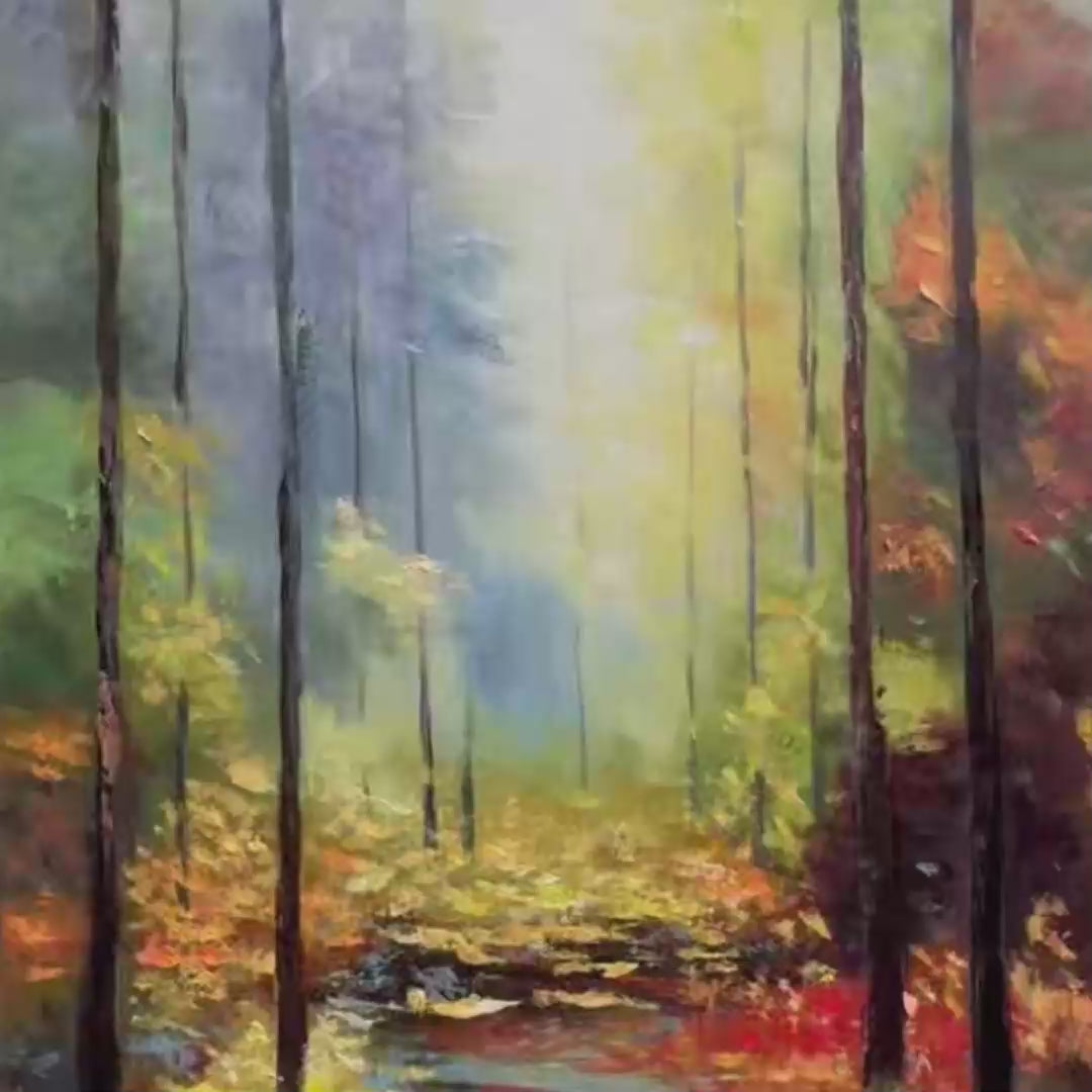 Autumn Woodland Stream hand-painted burnt orange, golden yellow and crimson textured forest landscape painting shown with gold frame