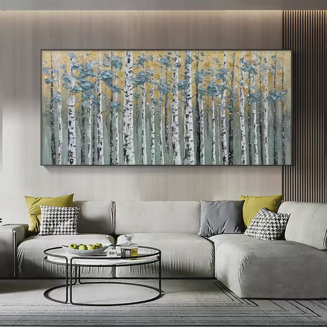 Golden Birch Grove hand-painted white, green and gold textured forest landscape painting shown with silver frame