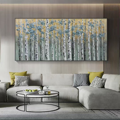 Golden Birch Grove hand-painted white, green and gold textured forest landscape painting shown with silver frame