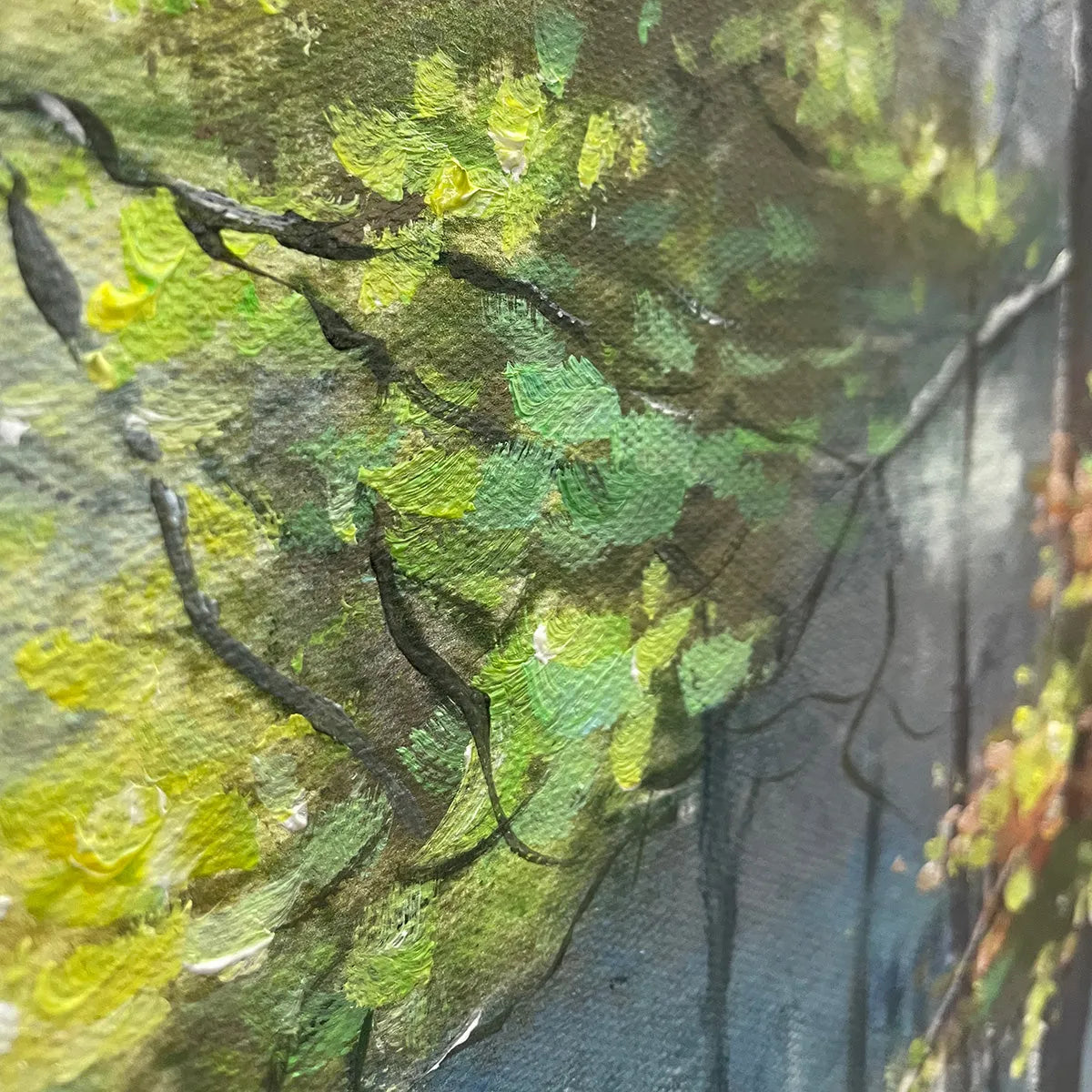 Forest Path hand-painted green and ivory textured forest path painting shown with wood frame
