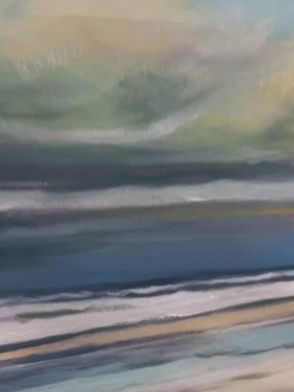Blue Beachscape hand-painted ocean blue and ivory textured seascape painting shown with silver frame