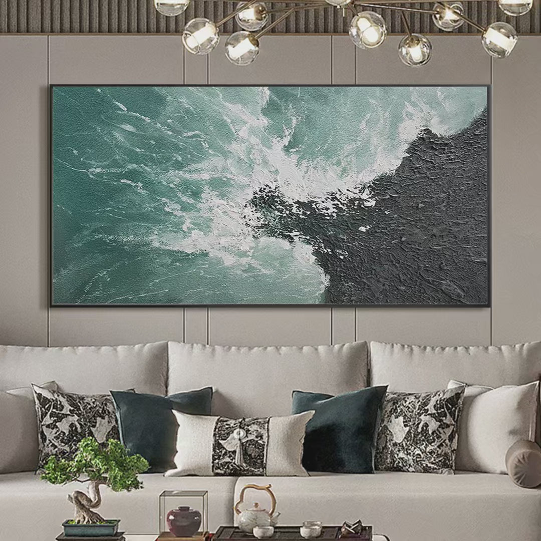 Turquoise Crash hand-painted black, turquoise and teal textured coastal abstract painting shown with silver frame