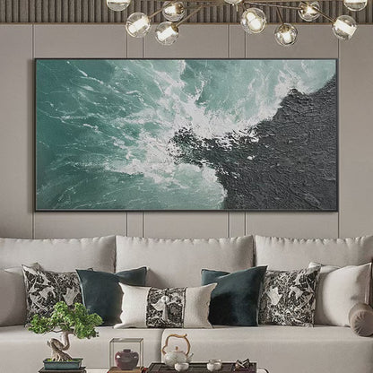 Turquoise Crash hand-painted black, turquoise and teal textured coastal abstract painting shown with silver frame