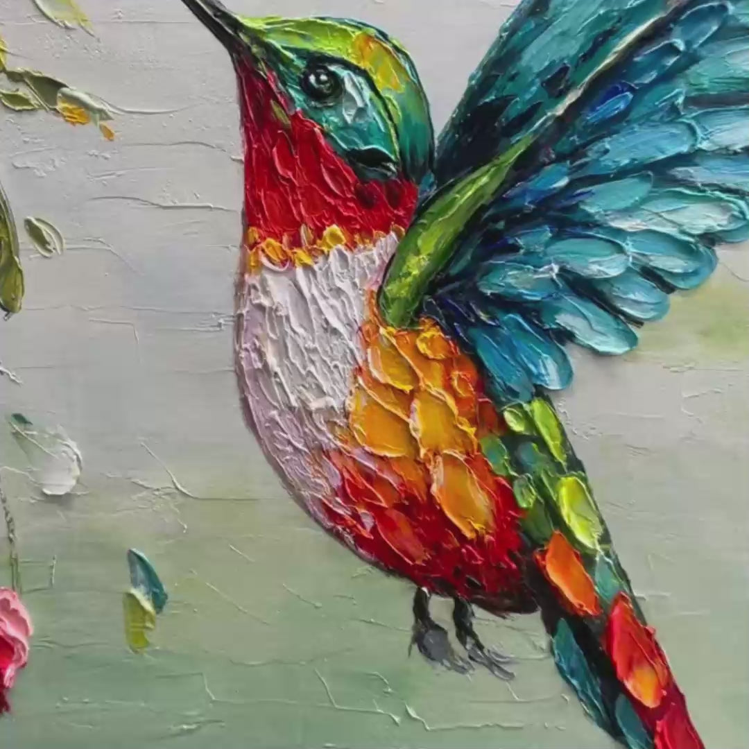 Hummingbird Radiance – Floral Impasto Oil Painting, view 3