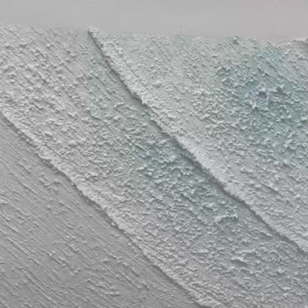 Azure Shores hand-painted white, azure blue and ocean blue textured coastal landscape painting shown with gold frame
