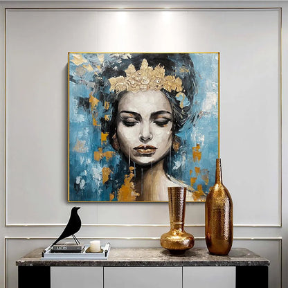 Blue and Gold Figurative Oil Painting – Golden Muse