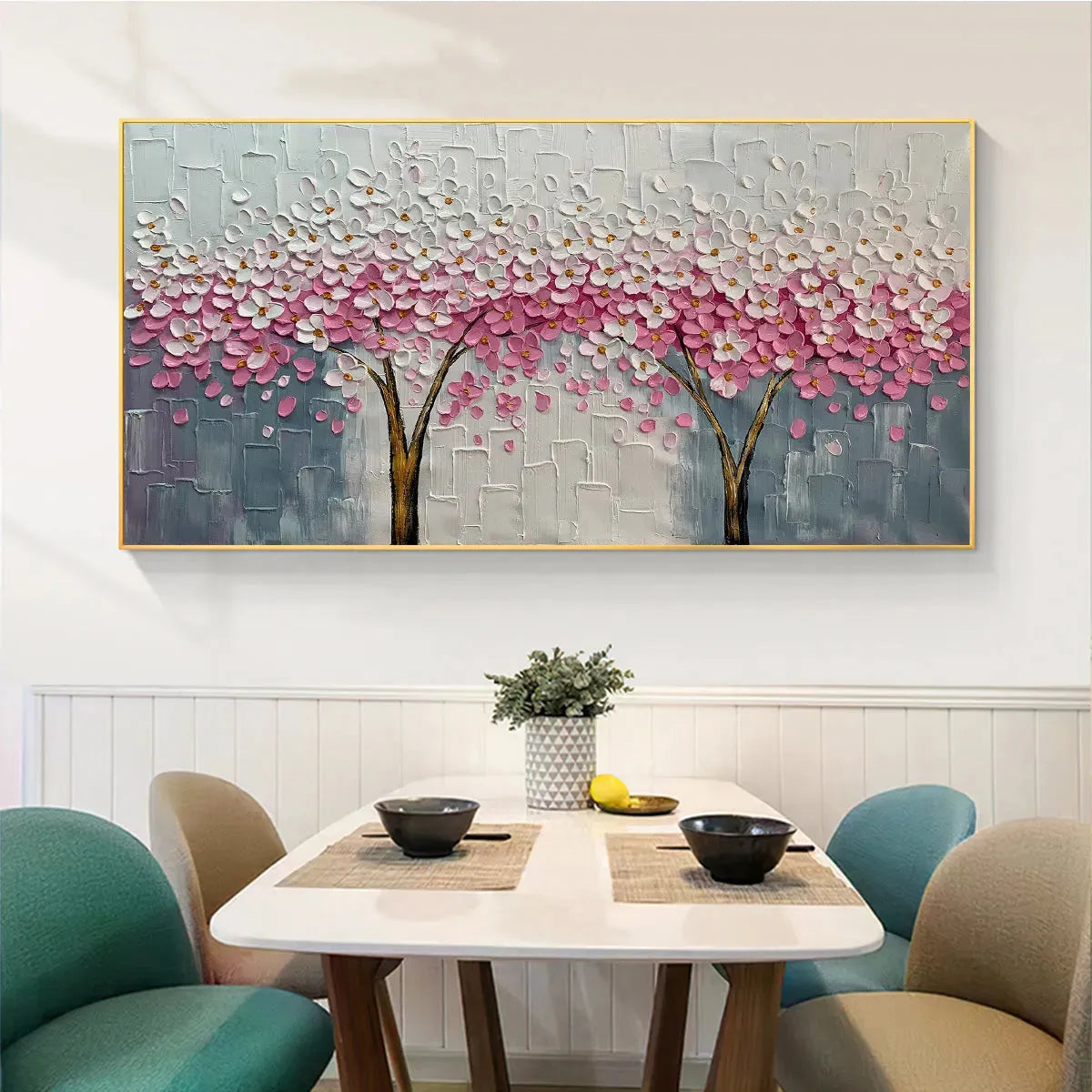 Spring Blossom hand-painted white and pink textured blossom tree painting shown with white frame