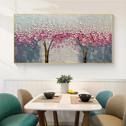 Spring Blossom hand-painted white and pink textured blossom tree painting shown with white frame