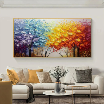 Autumn Rainbow hand-painted crimson, golden yellow, turquoise and violet textured tree painting shown with wood frame