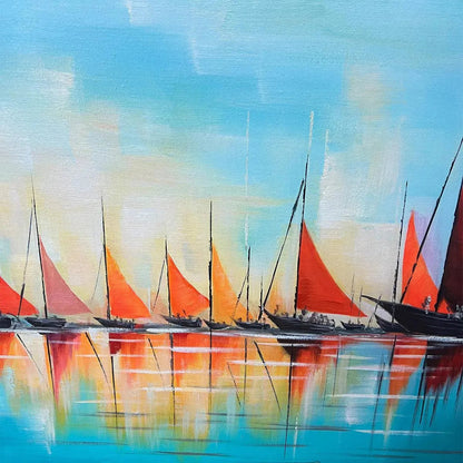 Regatta At Dawn hand-painted ocean blue, ivory and soft neutral tones textured sailboat seascape painting shown with gold frame