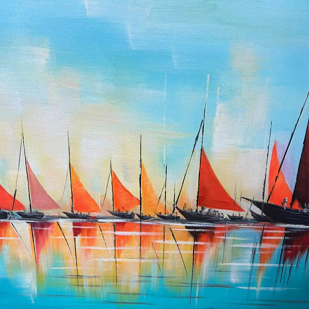 Harbor Sunset hand-painted ocean blue, ivory and soft neutral tones textured sailboat seascape painting shown with black frame
