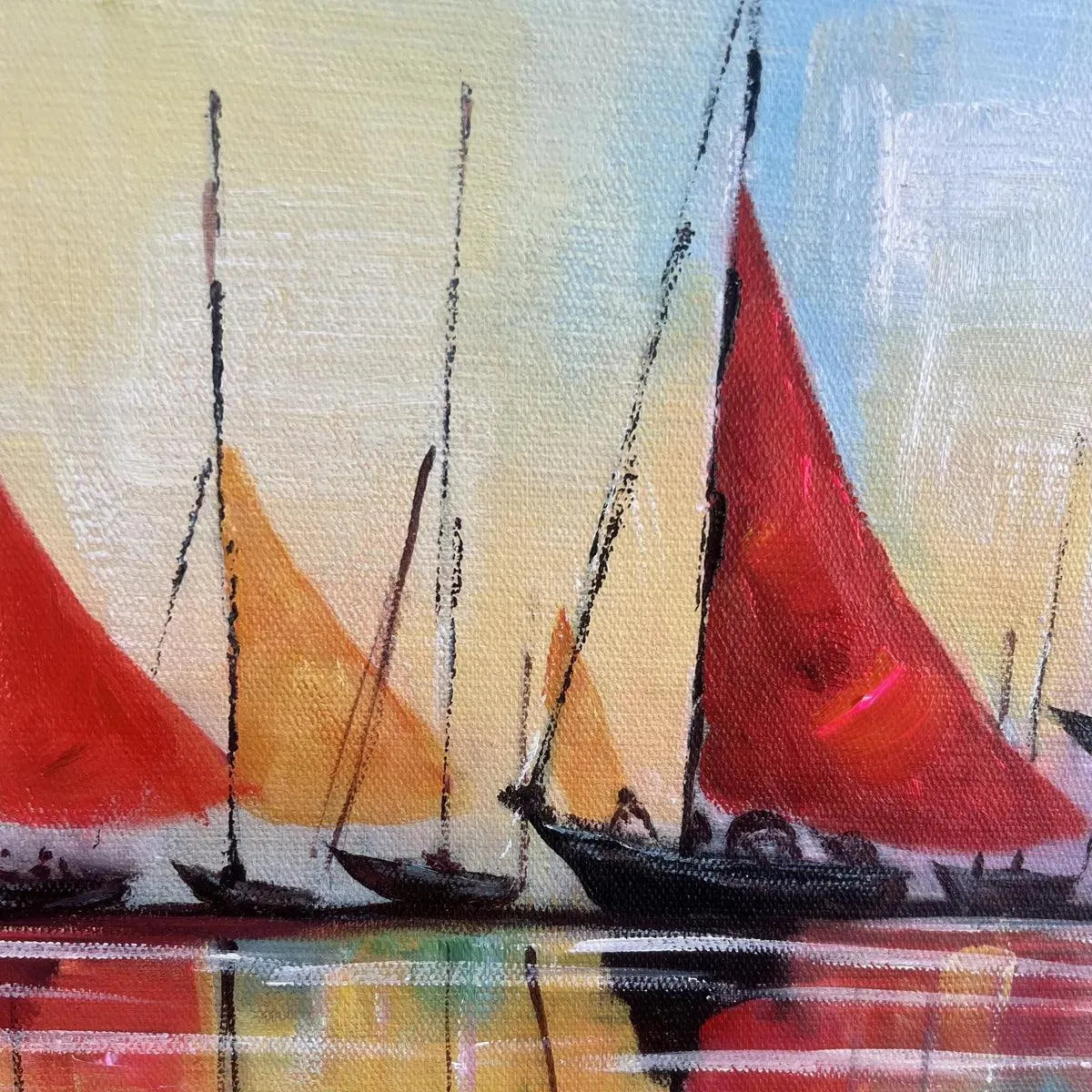 Regatta hand-painted ocean blue and orange textured sailboat seascape painting shown with gold frame