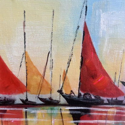 Regatta hand-painted ocean blue and orange textured sailboat seascape painting shown with gold frame