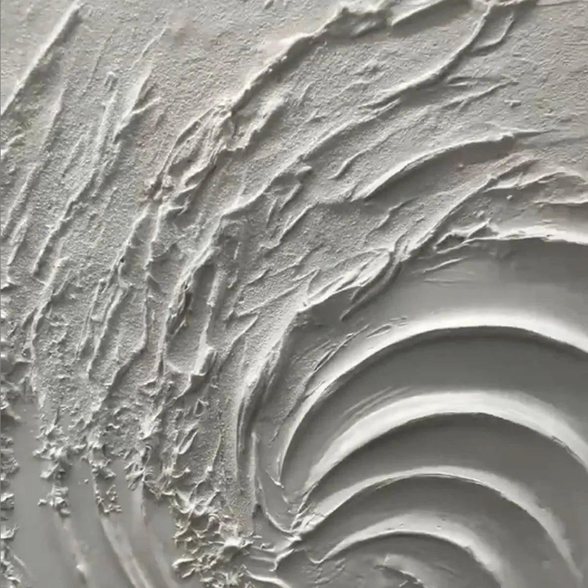 Whirlwind hand-painted white and soft beige textured coastal abstract painting shown with silver frame