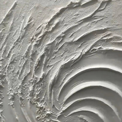 Whirlwind hand-painted white and soft beige textured coastal abstract painting shown with silver frame