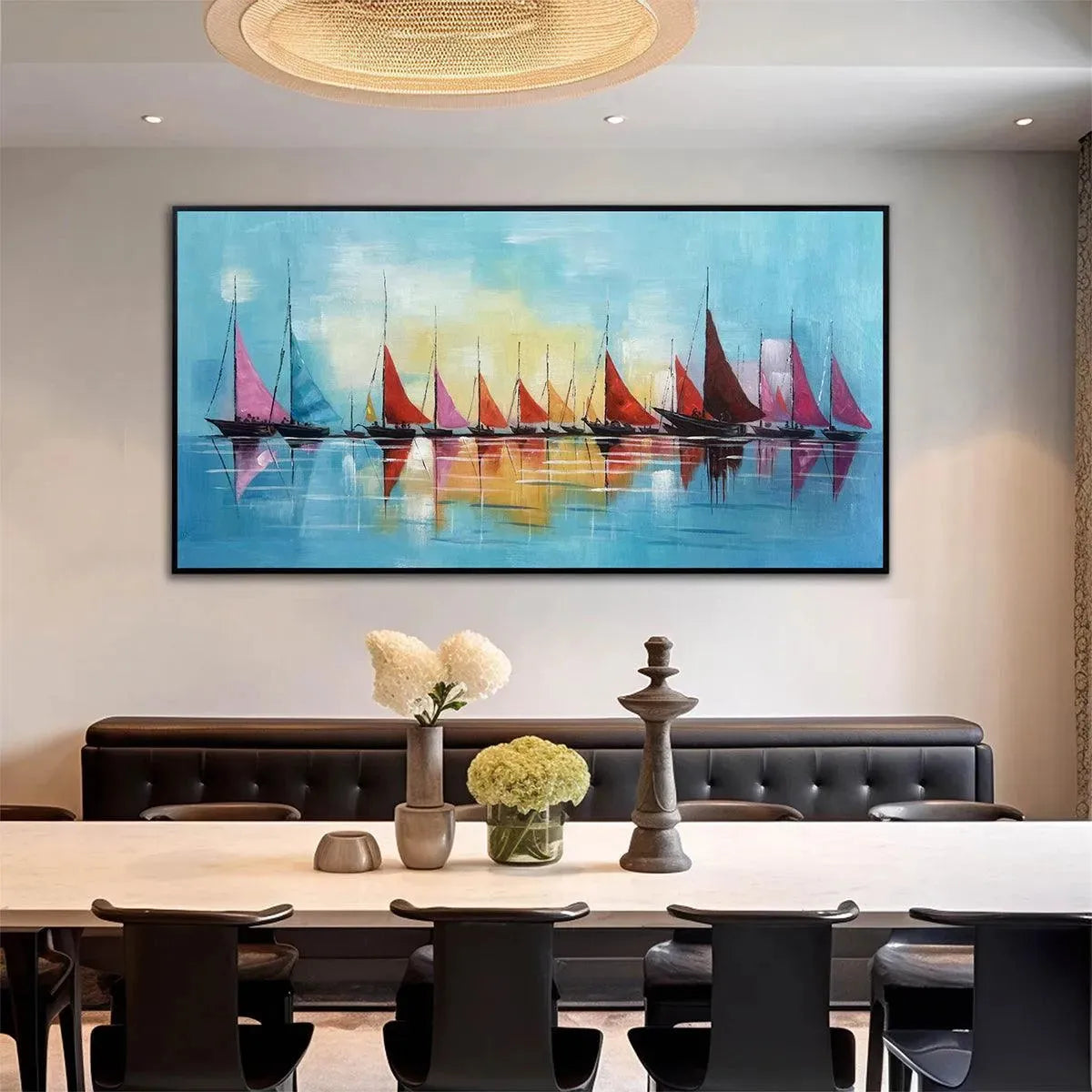 Regatta hand-painted ocean blue and orange textured sailboat seascape painting shown with wood frame