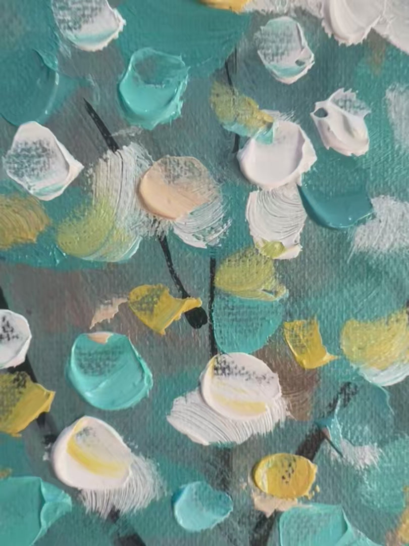 Teal Dream hand-painted soft grey and teal textured tree painting shown with silver frame