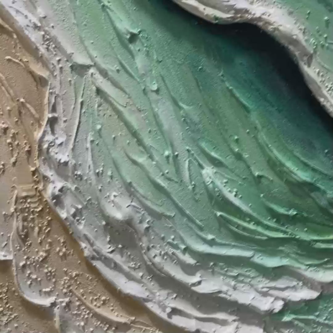 Aquamarine Rush hand-painted teal and ivory textured ocean wave painting shown with gold frame