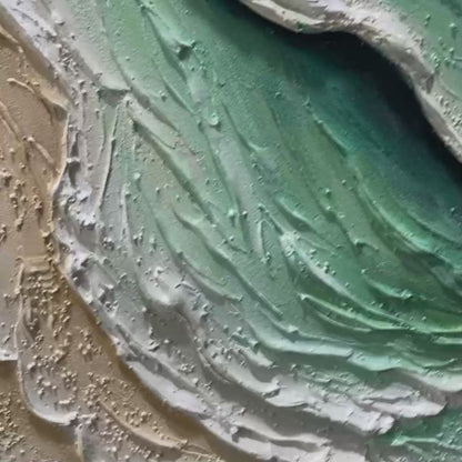 Aquamarine Rush hand-painted teal and ivory textured ocean wave painting shown with gold frame