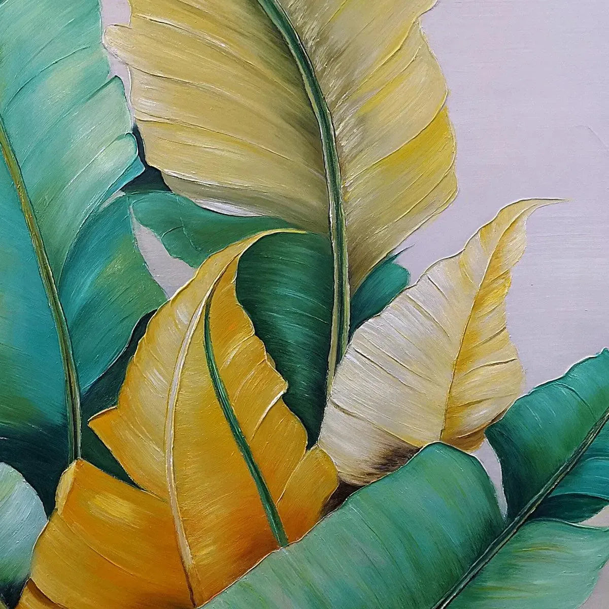 Tropical Abundance hand-painted green, gold and yellow textured botanical painting shown with black frame