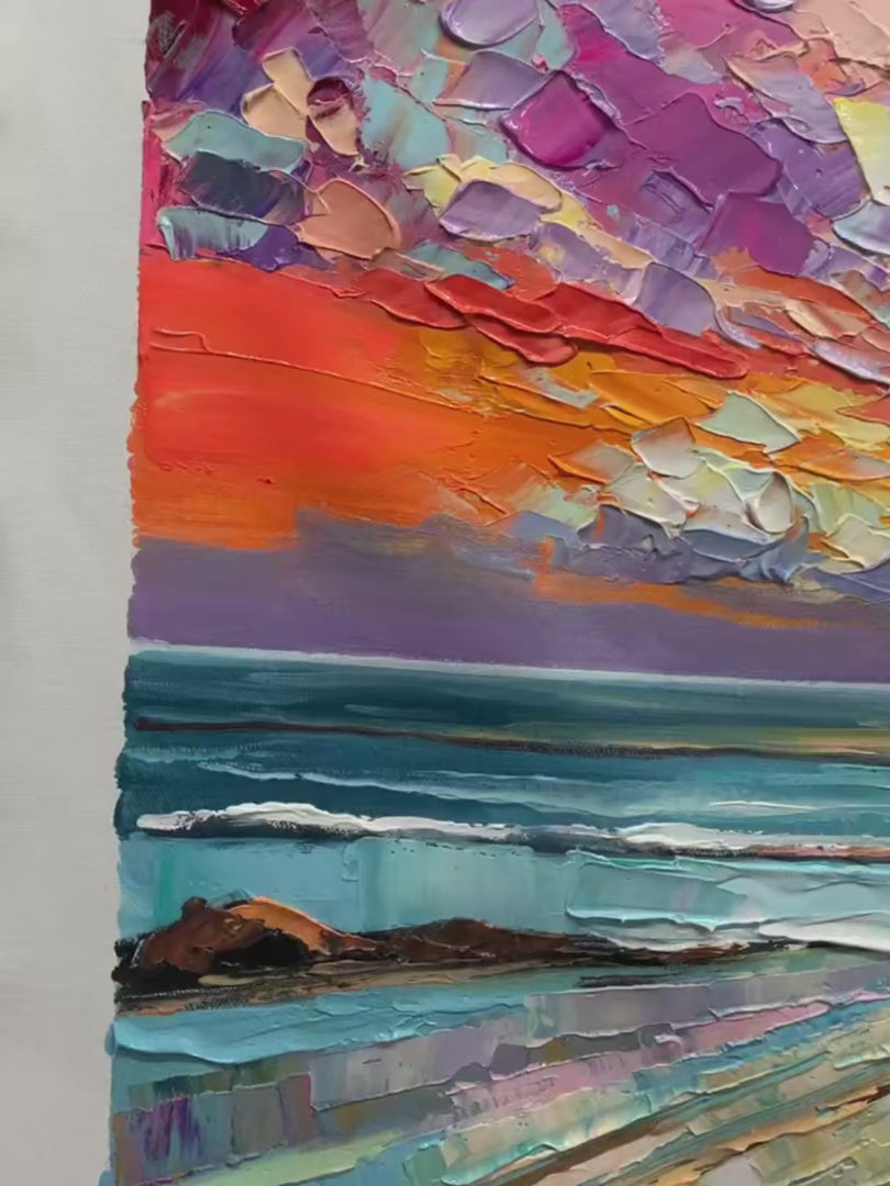 Radiant Horizon hand-painted ocean blue, ivory and soft neutral tones textured sunset seascape painting shown with silver frame