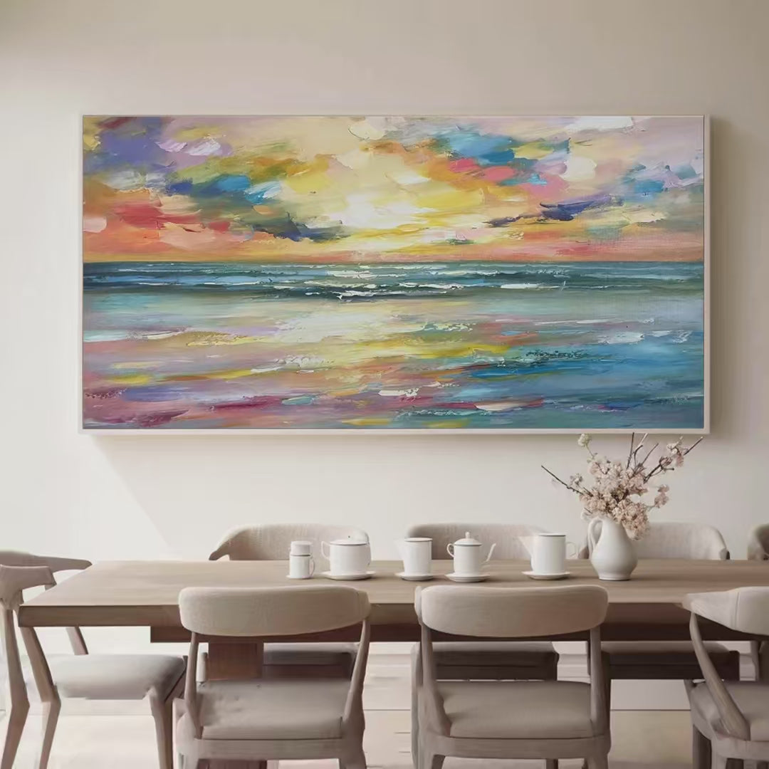 Seaside Sunset Serenade hand-painted ocean blue, ivory and soft neutral tones textured sunset seascape painting shown as stretched canvas