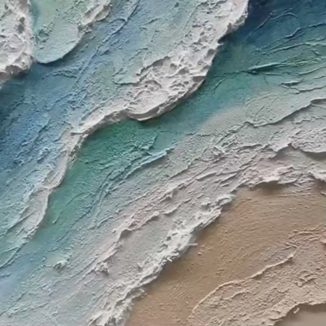 Ocean's Breath hand-painted white, sand and turquoise textured beach scene painting shown with gold frame