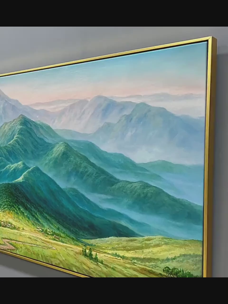 Emerald Valley Vista hand-painted emerald green and ivory textured mountain valley painting shown with silver frame