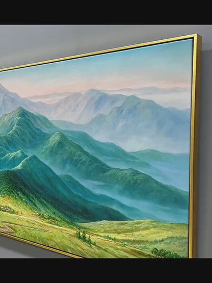 Emerald Valley Vista hand-painted emerald green and ivory textured mountain valley painting shown with silver frame