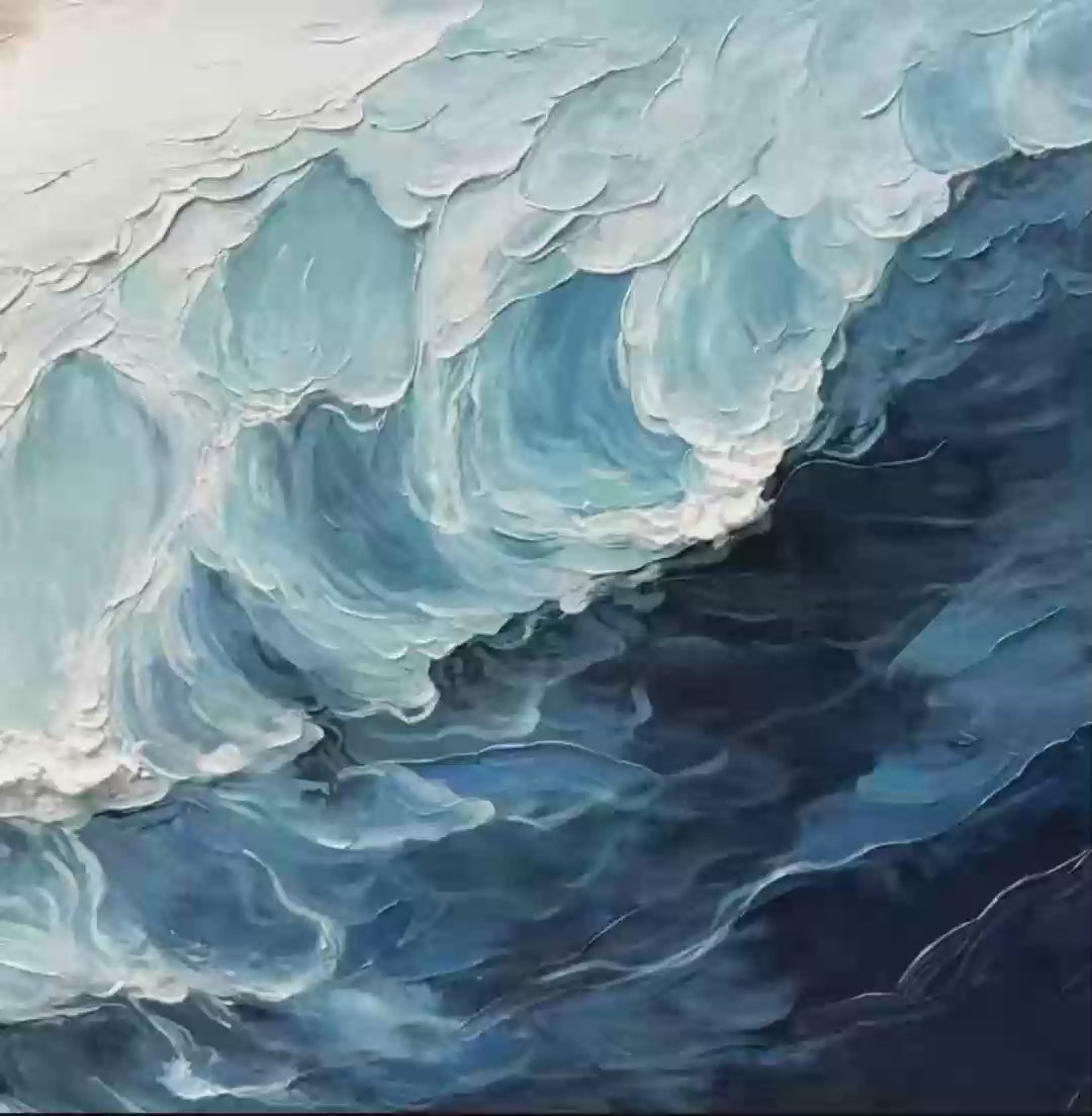 Crashing Waves hand-painted ocean blue and ivory textured seascape painting shown with gold frame