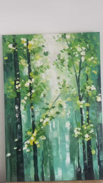 Emerald Grove hand-painted emerald green and ivory textured forest landscape painting shown with silver frame