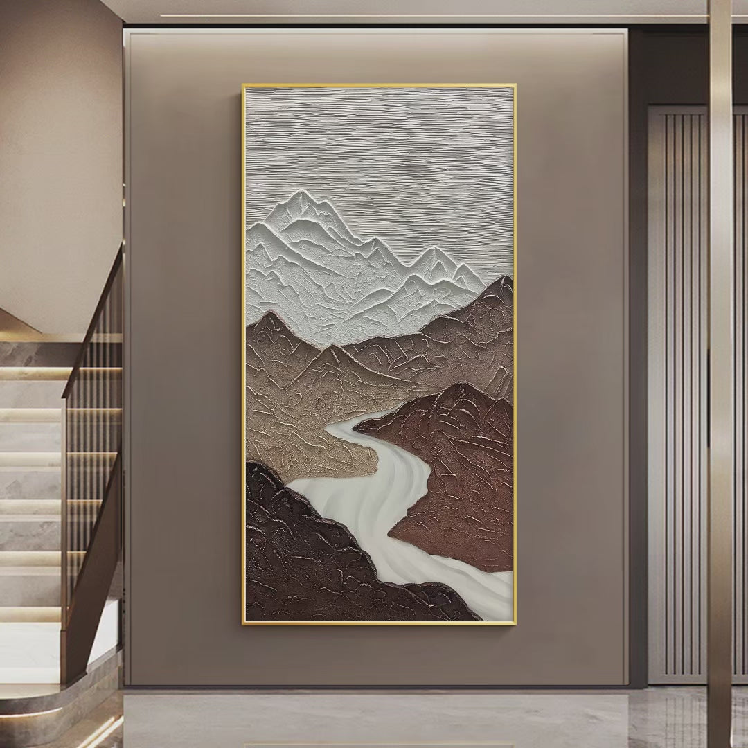 Earth River hand-painted white and earth brown textured mountain river landscape painting shown with silver frame