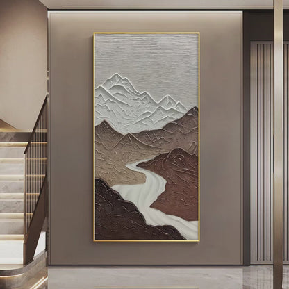 Earth River hand-painted white and earth brown textured mountain river landscape painting shown with silver frame