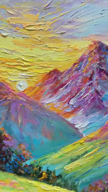 Alpine Bloom hand-painted crimson, golden yellow, turquoise and violet textured mountain meadow painting shown with gold frame