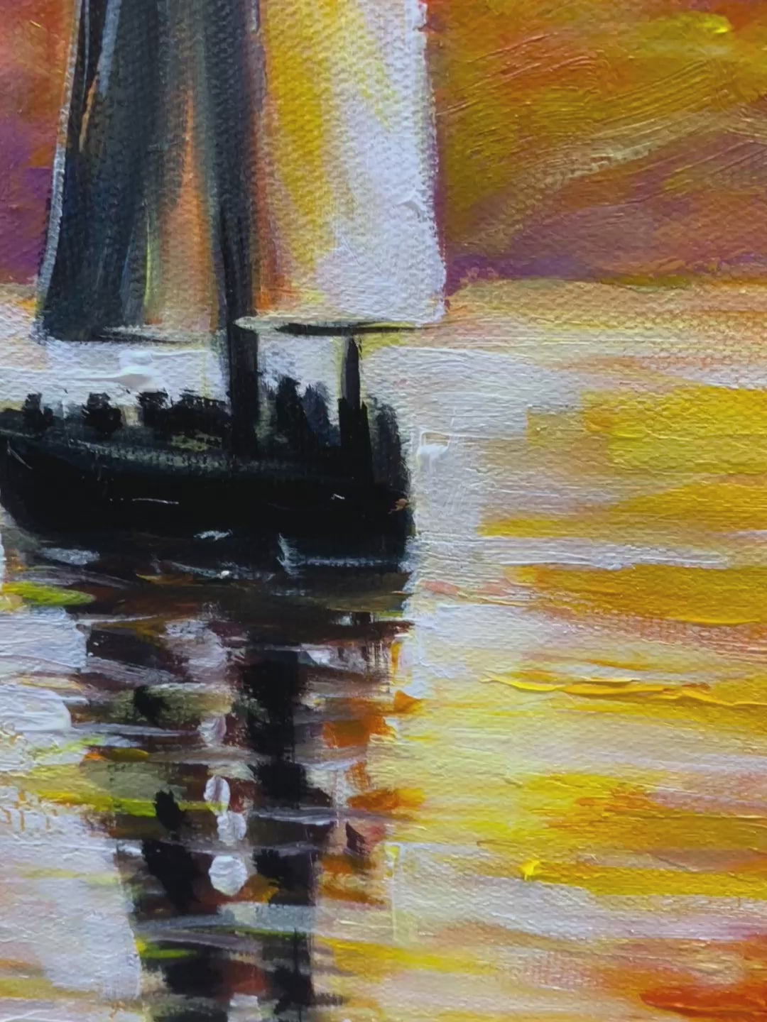 Sailing At Sunset hand-painted ocean blue, orange, red and violet textured sailboat seascape painting shown with silver frame